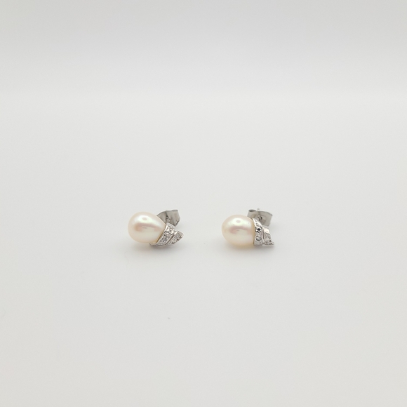 Jewelry - Freshwater Pearl Stud Earrings Silver CZ Accent Classic Bridal Style